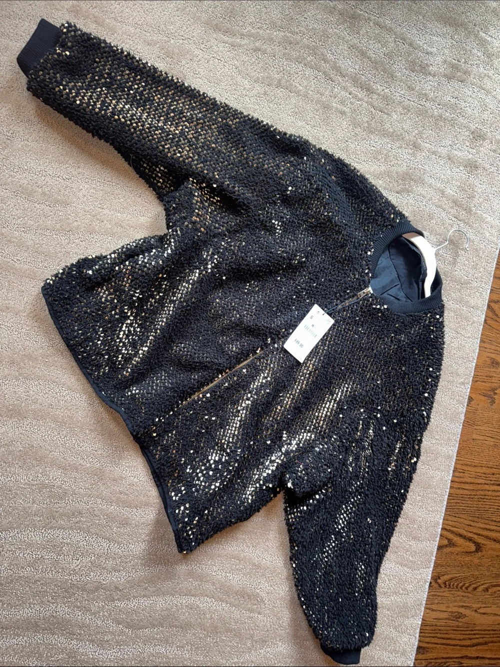 Zara Black And‎ Gold Sequin Bomber Jacket.
